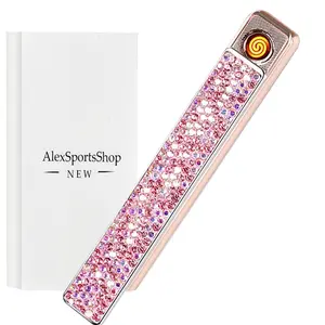 Women's Pink Single-Sided with Rhinestones Electronic Lighter, USB Rechargeable Type-C Fast Charging, Flameless Windproof Portable Eco-Friendly Slide Cap Kitchen Fire Igniter Gift for Outdoor Use