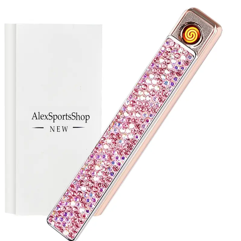 Women's Blush Pink Single-Sided with Rhinestones Metal Electronic Lighter Accessory, USB-C Fast Charging, Flameless, Windproof, Portable, Eco-Friendly Slide Cap Kitchen Fire Starter, Outdoors Gift, Accessories, Sports