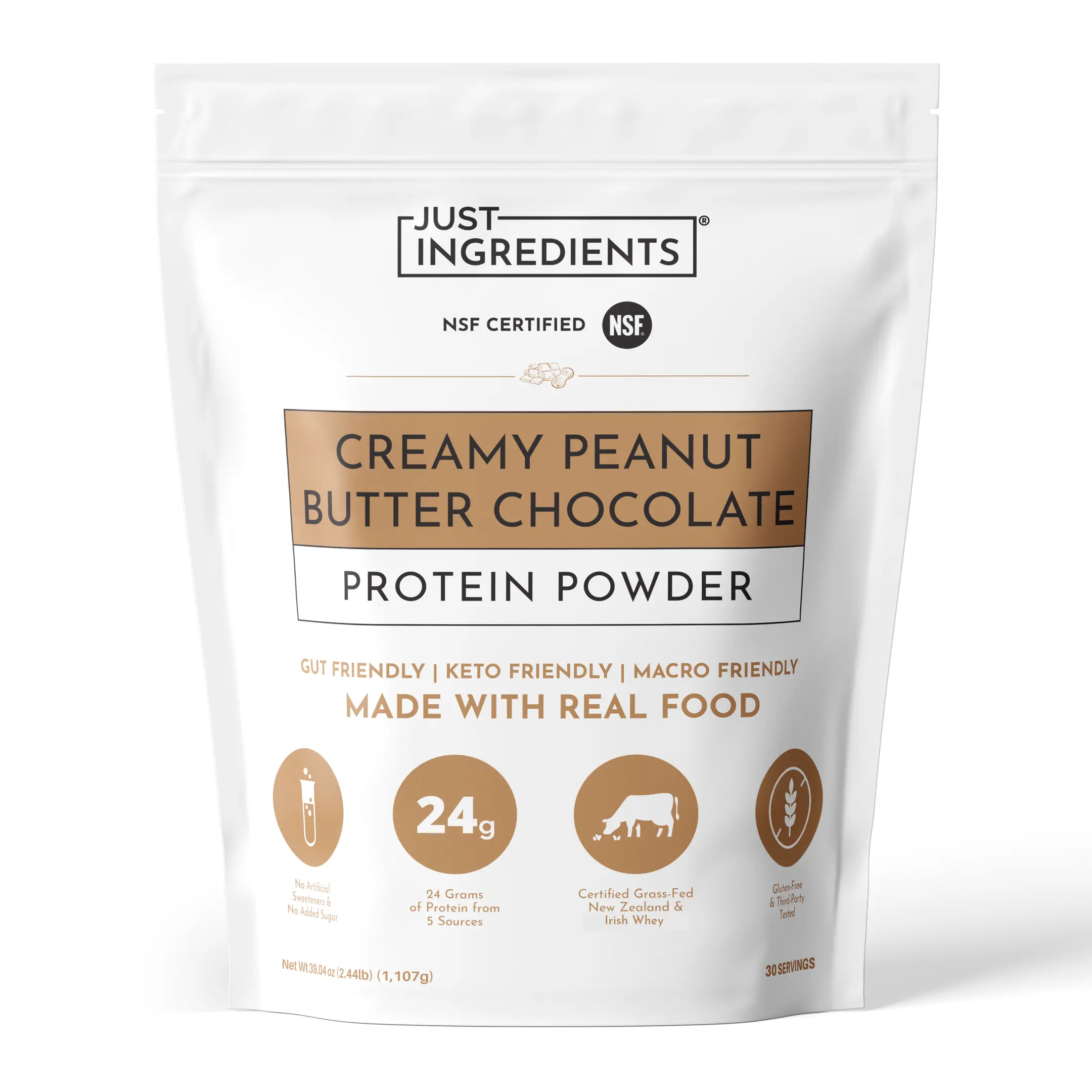 Just Ingredients Creamy Peanut Butter Chocolate Protein Powder – 30-ServingBlend with Grass-Fed Whey, Pea, Pumpkin Seed, Chia & Collagen – No Sugar Added – No Gums 24g Protein
