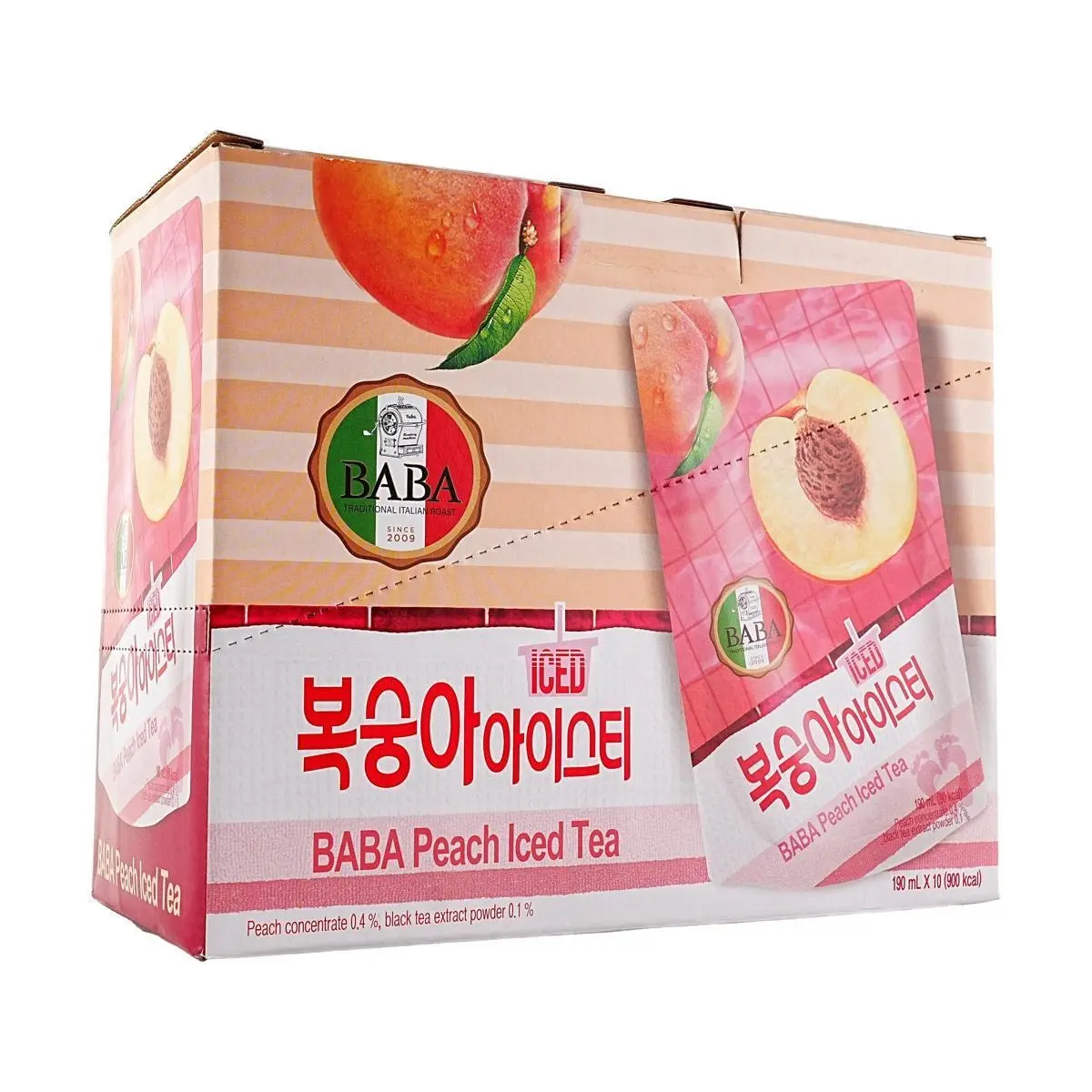 WOONGJIN BABA Peach Iced Tea 190ml x 10 Packs | Low Calorie 0 Fat Korean Drink