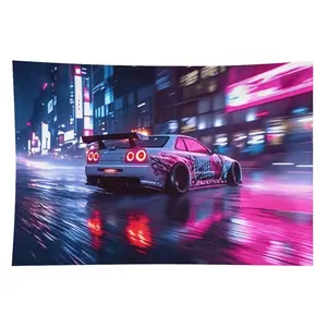 Linen-Cotton-Polyester R32 Car Artistic Tapestry - Artwork Print Wall Hanging with Neon Street, Cool Drift Car, JDM Rainy Night Design for Men's Room, Bedroom Decoration summerwins, Artistic Tapestry Tapestries, Artwork Print Tapestries