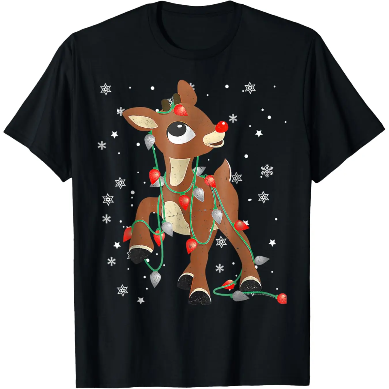 Men's Cute Rudolph The Red Nose Reindeer Christmas Cotton Top - Casual, Classic Short-Sleeve T-Shirt, Festive Holiday Menswear, Shortsleeve, Fabric, Round Neck, Soft