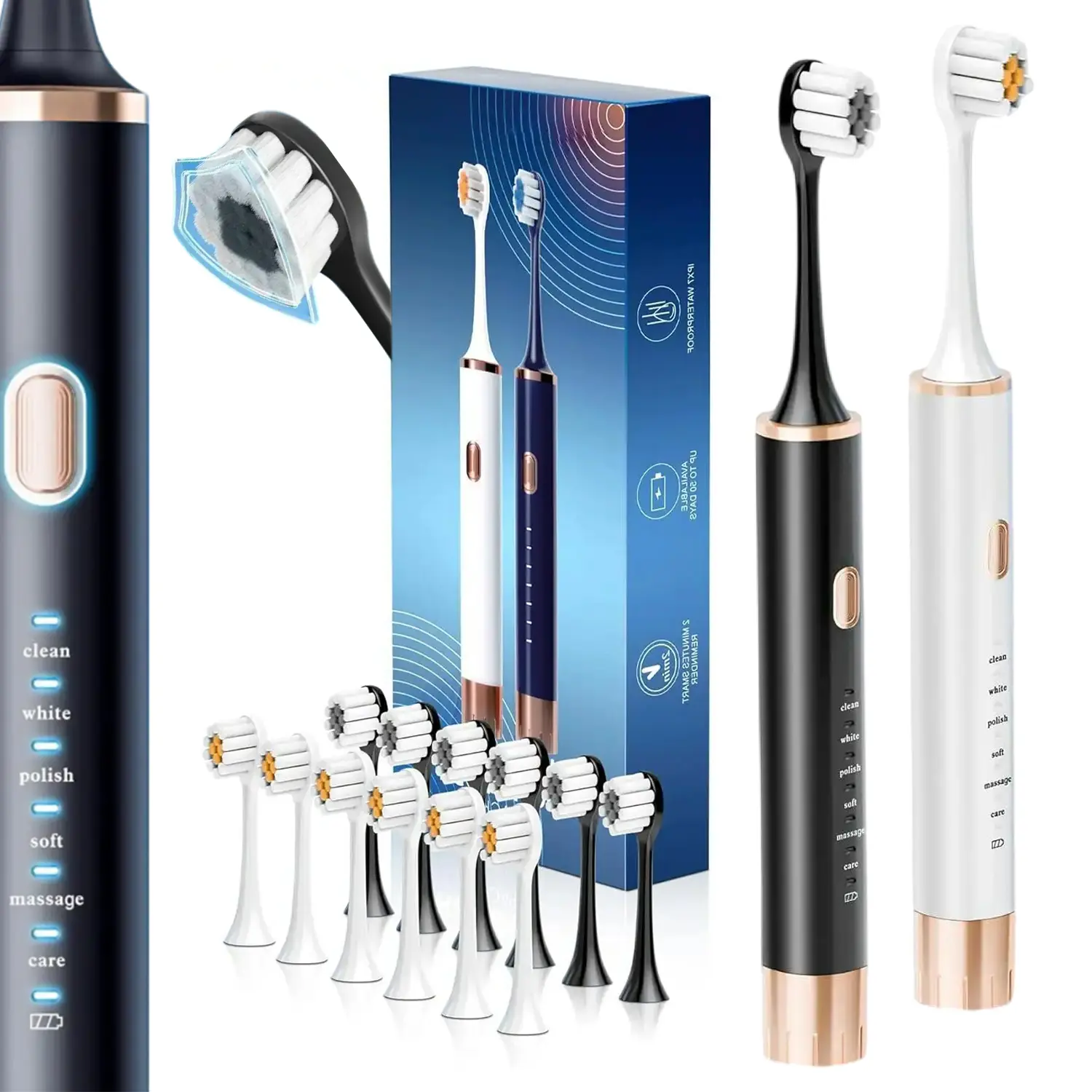 2 Pack Black White Electric Toothbrush Set with 12 Replacement Heads, 6 Cleaning Modes, 38000 Vibration Per Minute, 30 Days Long Battery Life IPX8 Waterproof Sonic Toothbrush for Adults