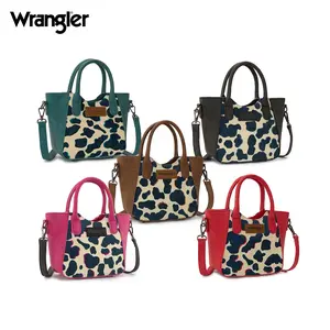 Wrangler Cow Print Top-Handle Crossbody Bag for Women Pu Leather Satchel with Brown Trim Adjustable Strap Everyday Shoulder Bag