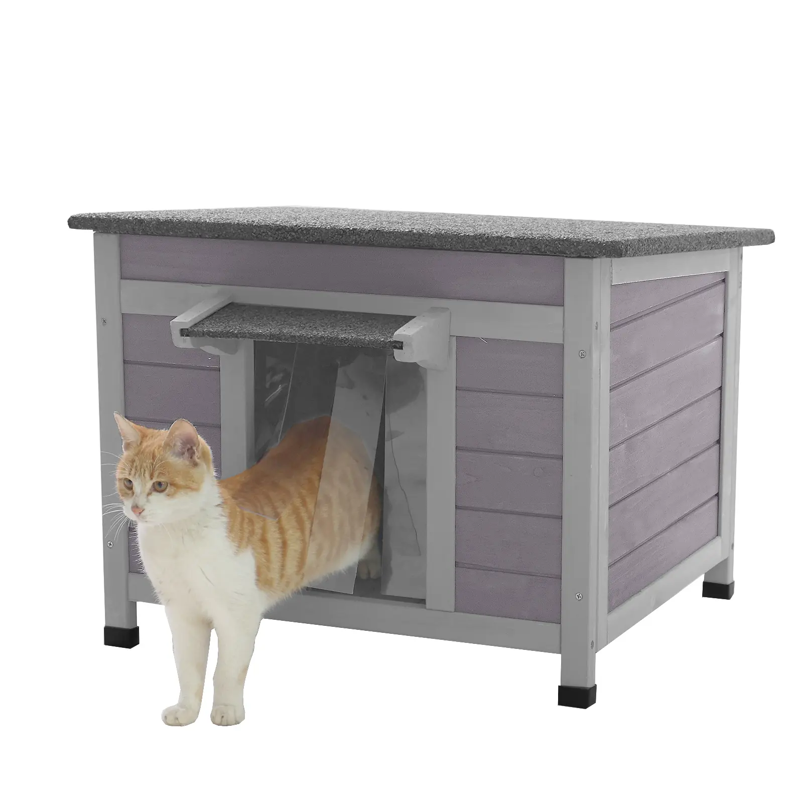 Aivituvin-AIR12-B Enclosed Small Wooden Cat House, Indoor-Outdoor Cat Furniture with Wind-Slat Door, Secure Functional Cage, Easy Access, Waterproof Asphalt Roof, Winter Safe Bunny Hideout
