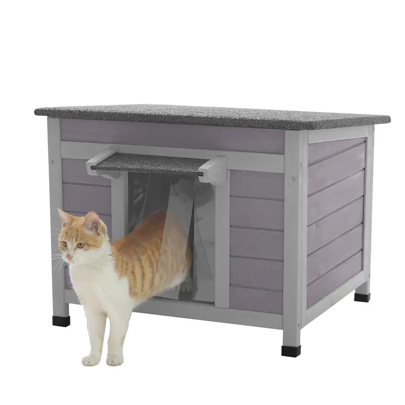 Aivituvin-AIR12-B Enclosed Durable Wood Small Cat House, Indoor-Outdoor Pet Furniture with Wind-Slat Door, Transparent Slats, Secure Functional Cage, Easy Access, Waterproof Asphalt Roof, Wind-Cold Shield Winter Hideout