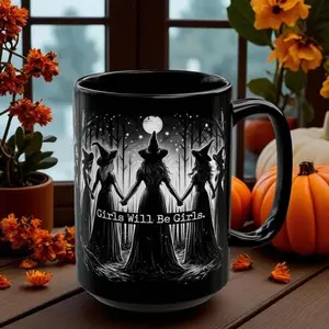 Witchy Halloween Mug, Girls Will Be Girls Mug, Feminist Halloween Mug, Vintage Halloween Cup, 11oz 15oz Coffee Cup