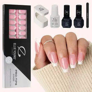 ELLIE YOUNG PRO-TIPS Medium Coffin White French Tips with Pink Base, French Nail Art, 160pc Press-On Fake Nails Kit – 16 Sizes, Matte Gel Acrylic Look, Soft Gel DIY Extensions, Soft Gel Falsenail