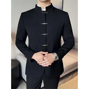 Men'S Modern Mandarin Collar Suit Jacket Traditional Chinese Style Tang Coat - Polyester Blend with Elastane and Rayon, Solid Color, Fashion Stand Collar, Slight Stretch Fabric, Single Breasted with Button Details, Regular Fit Long Sleeve - For Men - Sui
