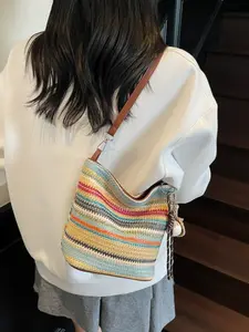 Women Rainbow Woven Bag New Straw Beach Commute Versatile Shoulder Crossbody Water Bucket Bag, Stylish & Functional Handbag