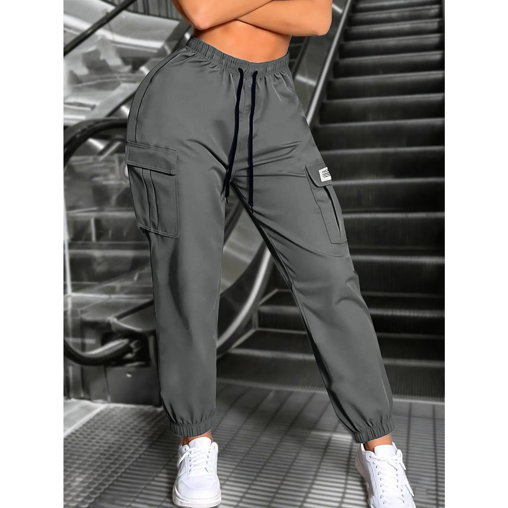 New spring/autumn women’s trousers: plain-coloured, comfortable and breathable workwear-style trousers with an elasticated waistband, drawstring and large pockets—perfect for everyday streetwear and outdoor activities.