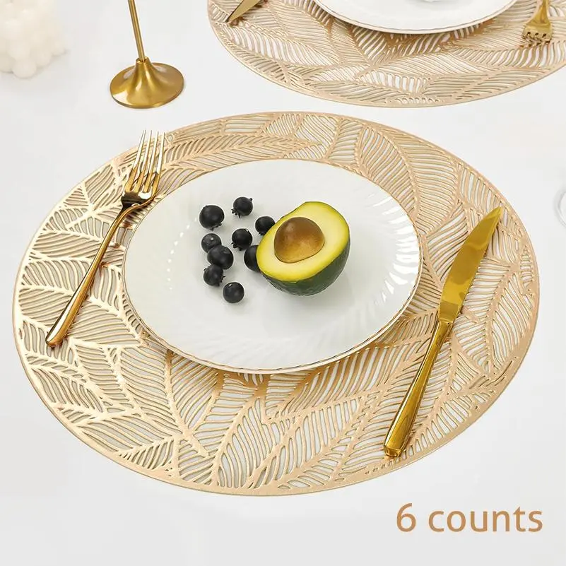 Round Place Mat, 6 Counts/set Leaf Pattern Placemat, Washable Table Mat, Washable Placemats, Household Placemat, Kitchen Decorative Placemat, Heat Insulation Kitchen Decoration Supplies for Home Party Holiday