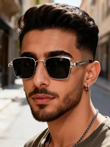 Men's Vintage Steam Punk Square Metal Frame Glasses, Silver Color Fashion Eyewear for Activities Parties Holidays, Trendy Vintage Sunglasses