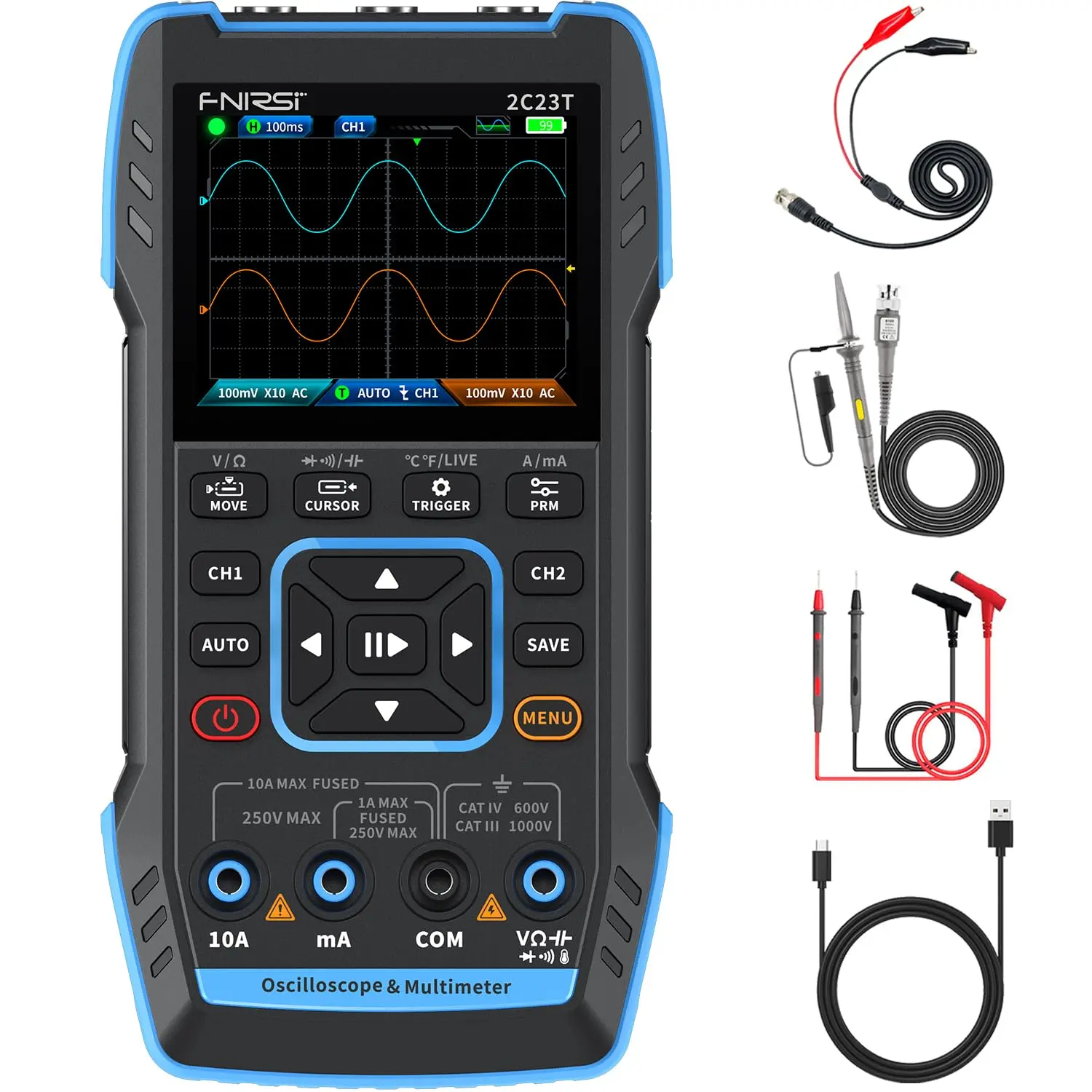 FNIRSI 2C23T Digital Oscilloscope Multimeter DDS Generator 3 in 1  2 Channels  10MHz Bandwidth  50MSa/s Sampling Rate  10000 Counts  Voltage  Current  Capacitor  Resistor  Diode Test Car Circuit Tester Car Relay Tester