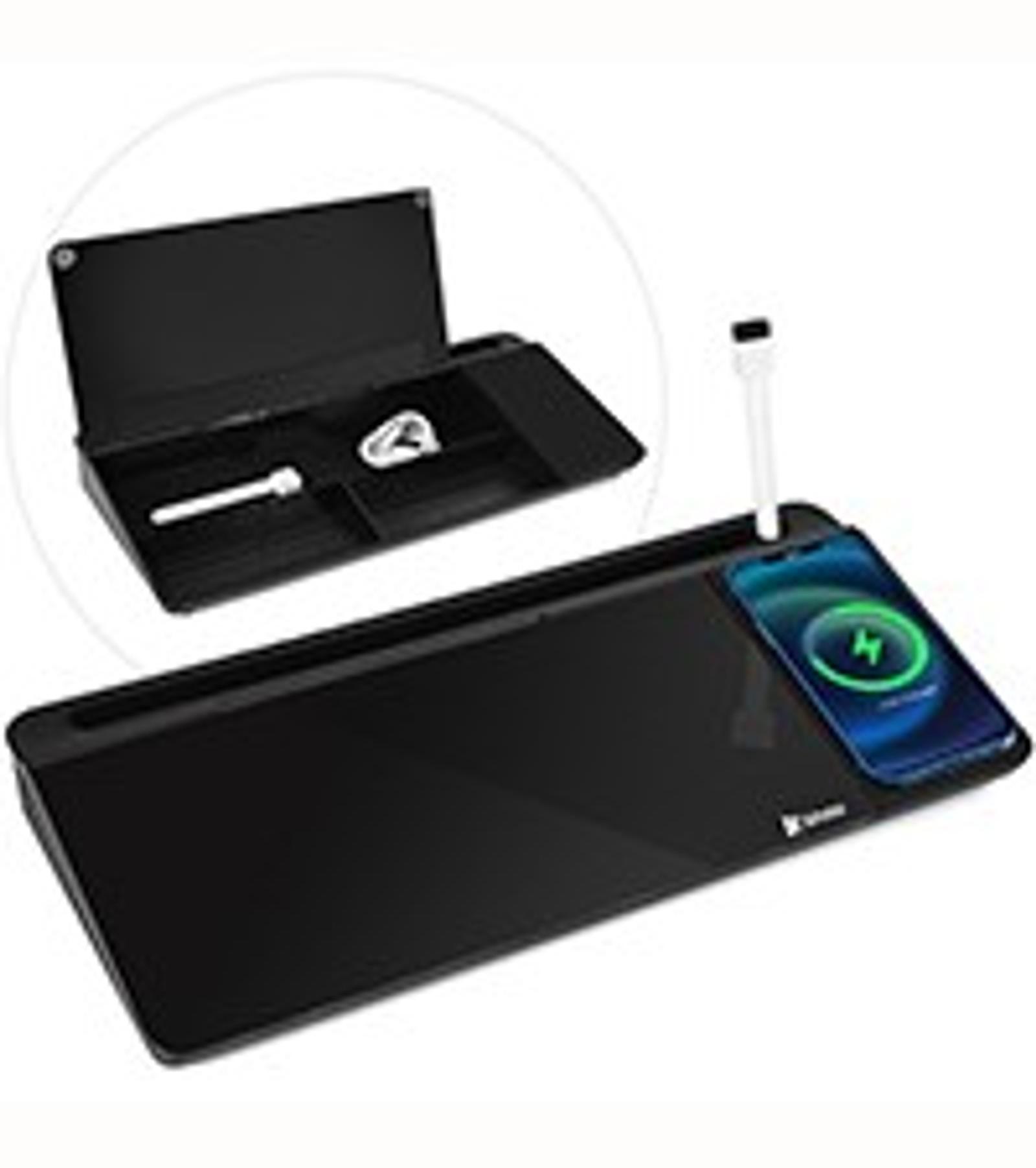 Modern Compact Glass Surface Dry Erase Desk Whiteboard (Black) with Wireless Charger, Desktop Storage, To Do List Memo Notepad for Office/Home