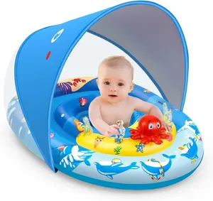 Baby Pool Float with Canopy UPF50+ Sun Protection, Inflatable Kids Pool Floats with Ocean Animal Toys for Baby 6-36 Months, Infant Swimming Float with Adjustable Safety Seat for Boys Girls