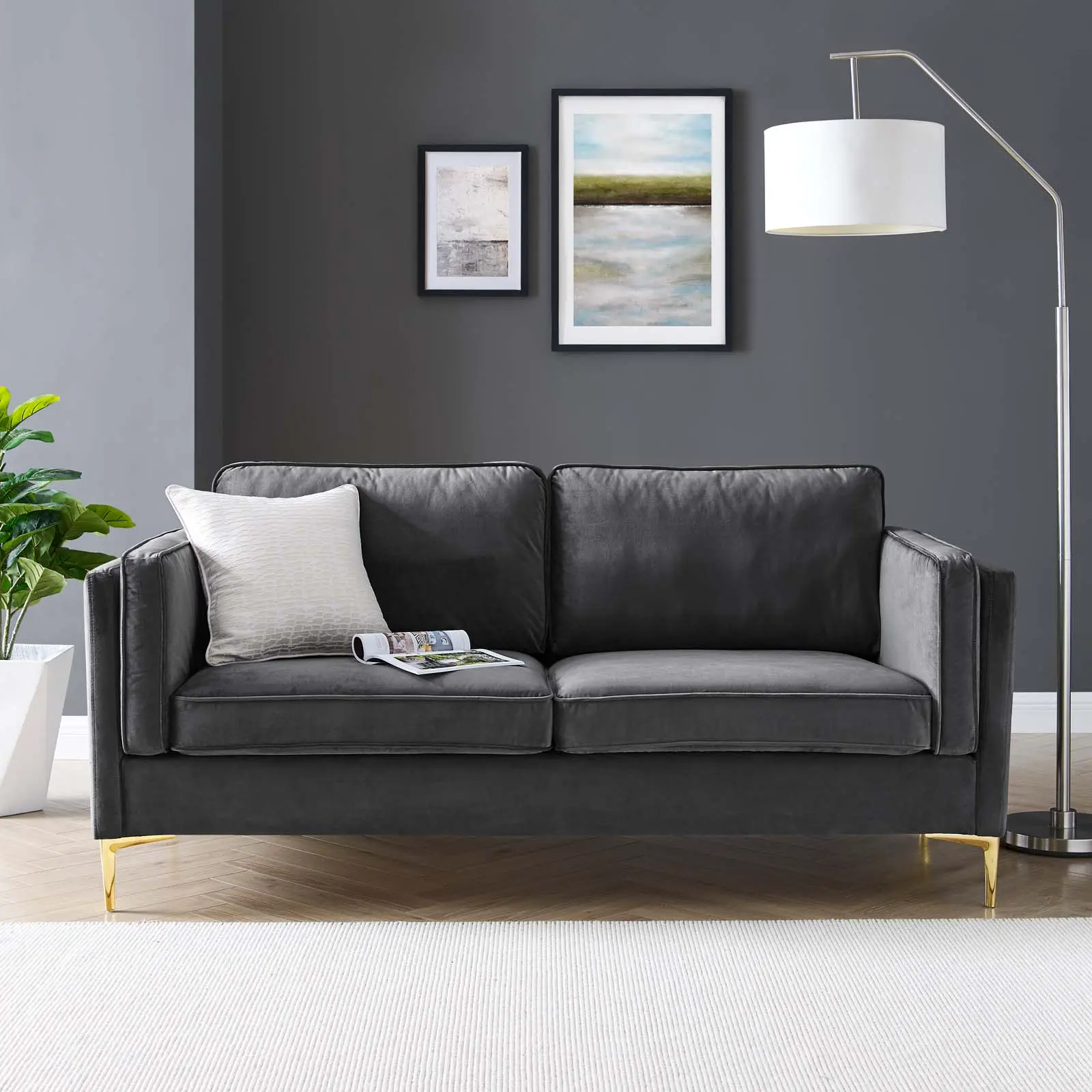 Modway Kaiya Tailored Mid-Century Modern Upholstered Performance Velvet Sofa - Charcoal Gray Sofa, Glam Comfy Couch, Indoor Furniture
