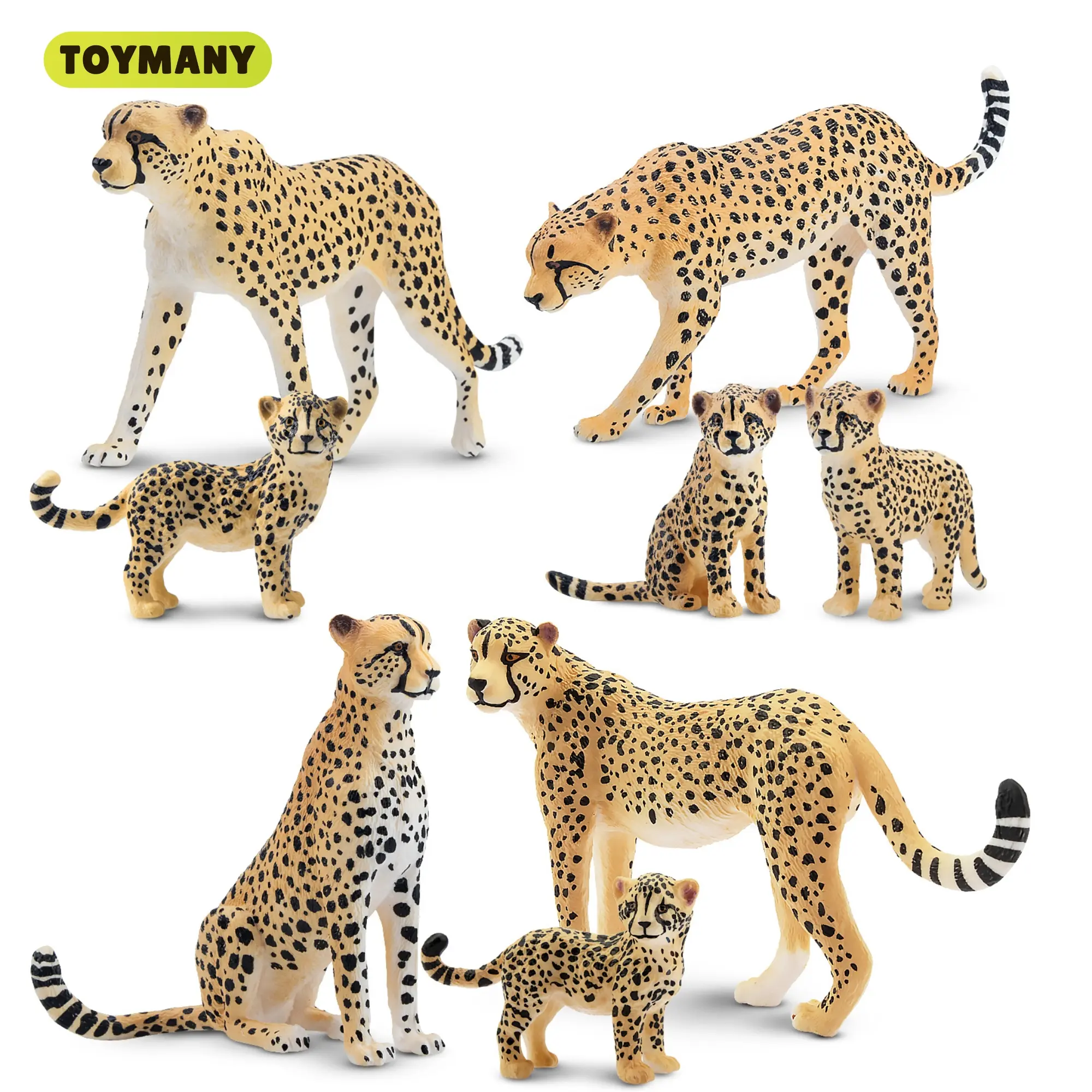 TOYMANY 8pcs Realistic PVC Figure Toyset - 1 Sitting Female Cheetah & Cubs PVC Plastic Jungle Zoo Family Model, Miniatures, Dollhouse Decor Accent, Manipulatable Figurines, Educational 3+ Kids Gift, Birthday Cake Toppers