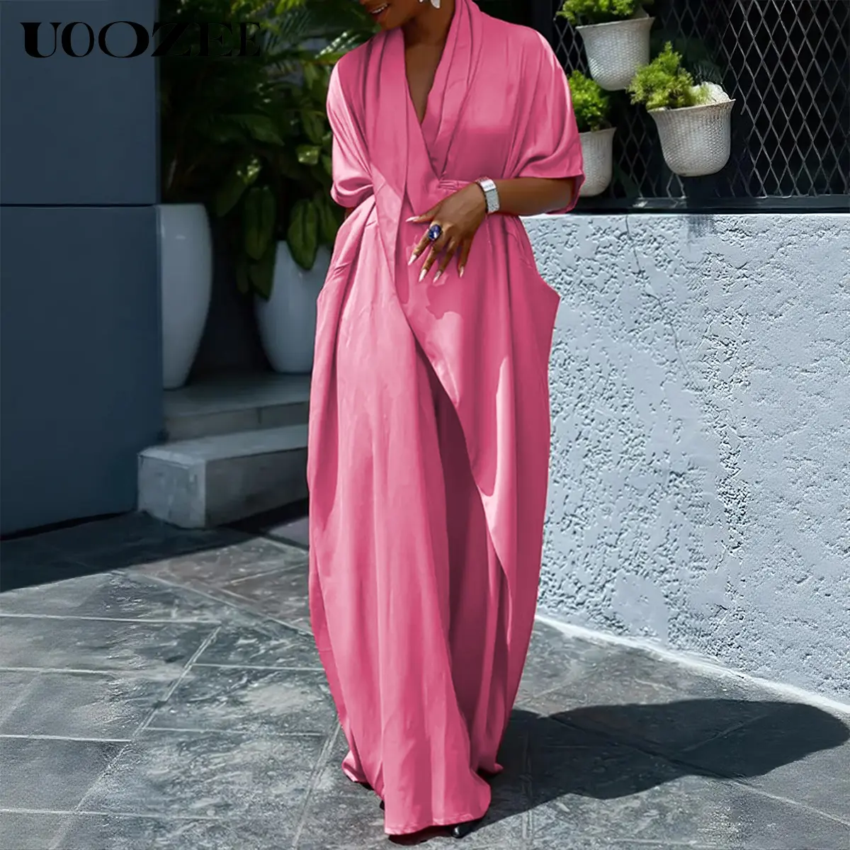 UOOZEE Women's Polyester Short-Sleeve Basic Casual Dress - Pink Summer Outfit, V-Neck, High Waist, Loose Asymmetric Batwing Sleeves, Single-Sided Pocket, Belted, Breathable (Smaller Bust Fit - Check Size Guide or Order 1 Size Larger) | Women's Clothes