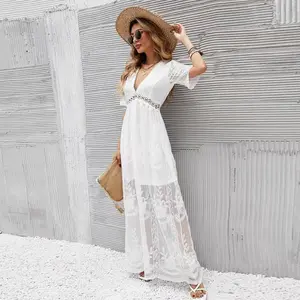 Women's Vneck Contrast Floral Lace Dress, Boho Fashion Casual Shortsleeve Long Dress for Daily Holiday Vacation Wear, Ladies Dress for Summer, Womenswear #BohoDress #BeachVacation #SpringBreak2025 #CoachellaOutfit #LaceMaxiDress #WhiteDress