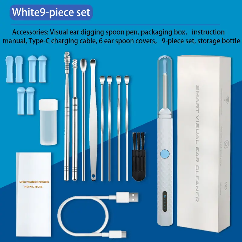 Earwax removal tool with a 1920p HD camera ear mirror, 9-piece kit with 6 LED lights compatible with smartphones, a perfect gift for both men and women