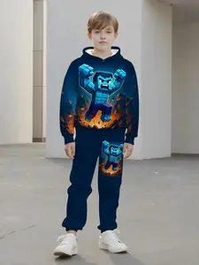 Minecraft Hulk Style Pixel Hoodie Sweatpants Set, Kids Cartoon Game Home Wear Two-Piece Set, Casual Long Sleeve Fitted Suit