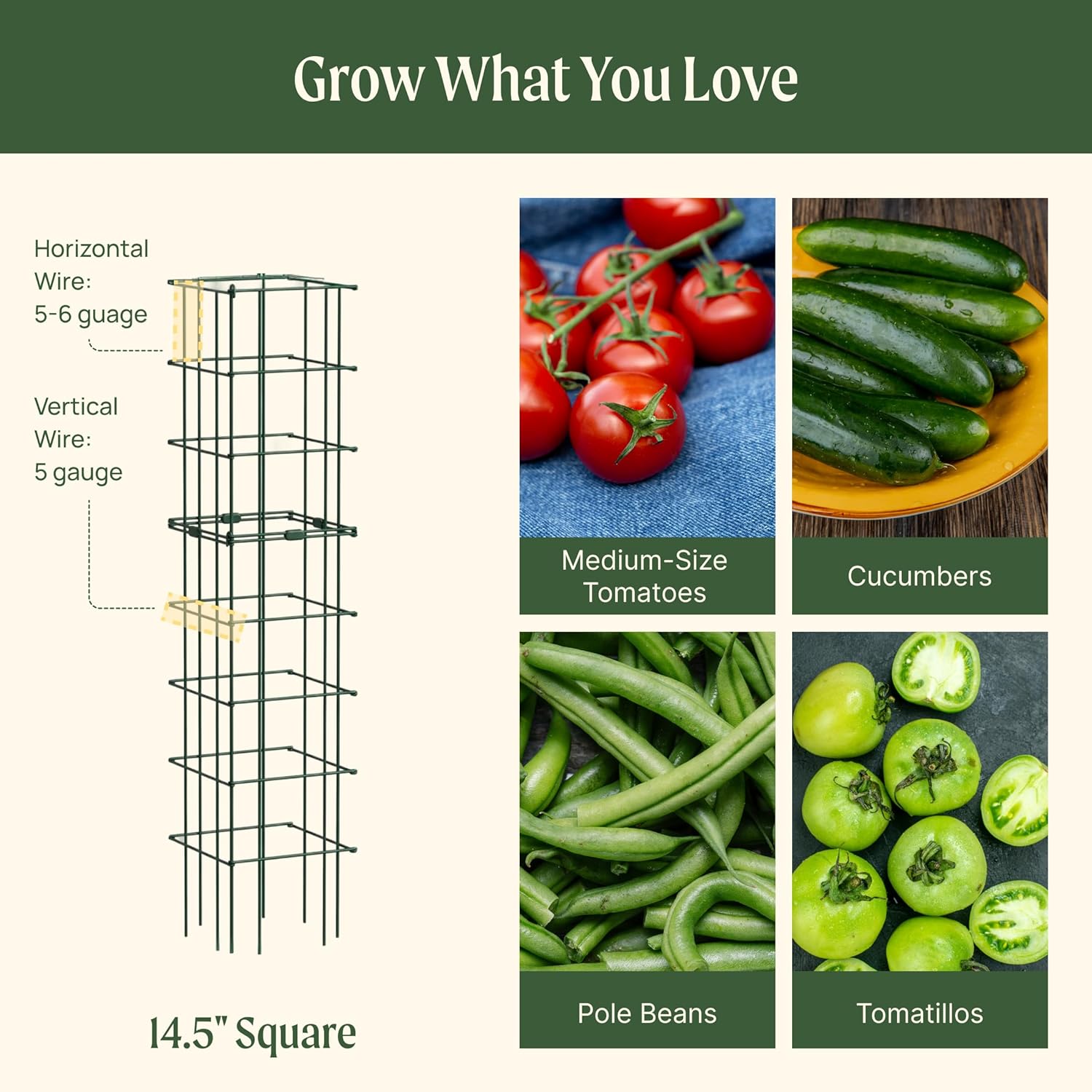 Vego Garden Tomato Cage 16.5" Square Heavy-Duty for Garden & Pots, Rust-Resistant Tomato Stackable Heavy Gauge Plant Cage Trellis Support for Climbing Vegetables Plants