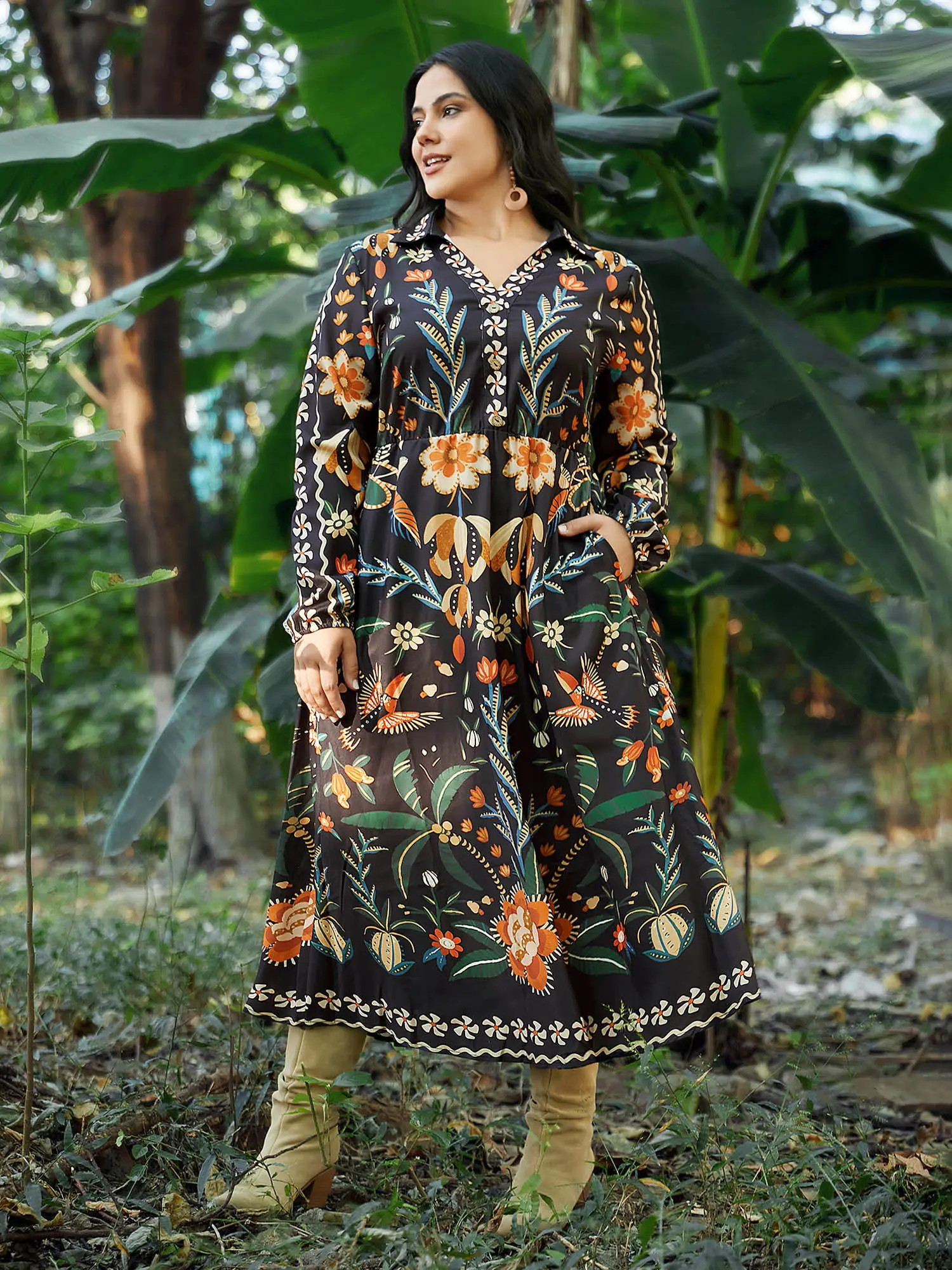 【Boho】 【Boho】 【Pocket Approved】 BLOOMCHIC Boho Winter Midi Dress Bandana Print Pocket V-Neck Lantern Sleeve Elastic Cuffs Floral Bohemian Scarlet Lilac ArmyGreen BrightOrange Vintage Casual Beige Party Matching Outfit Swimweek,Summerfinds