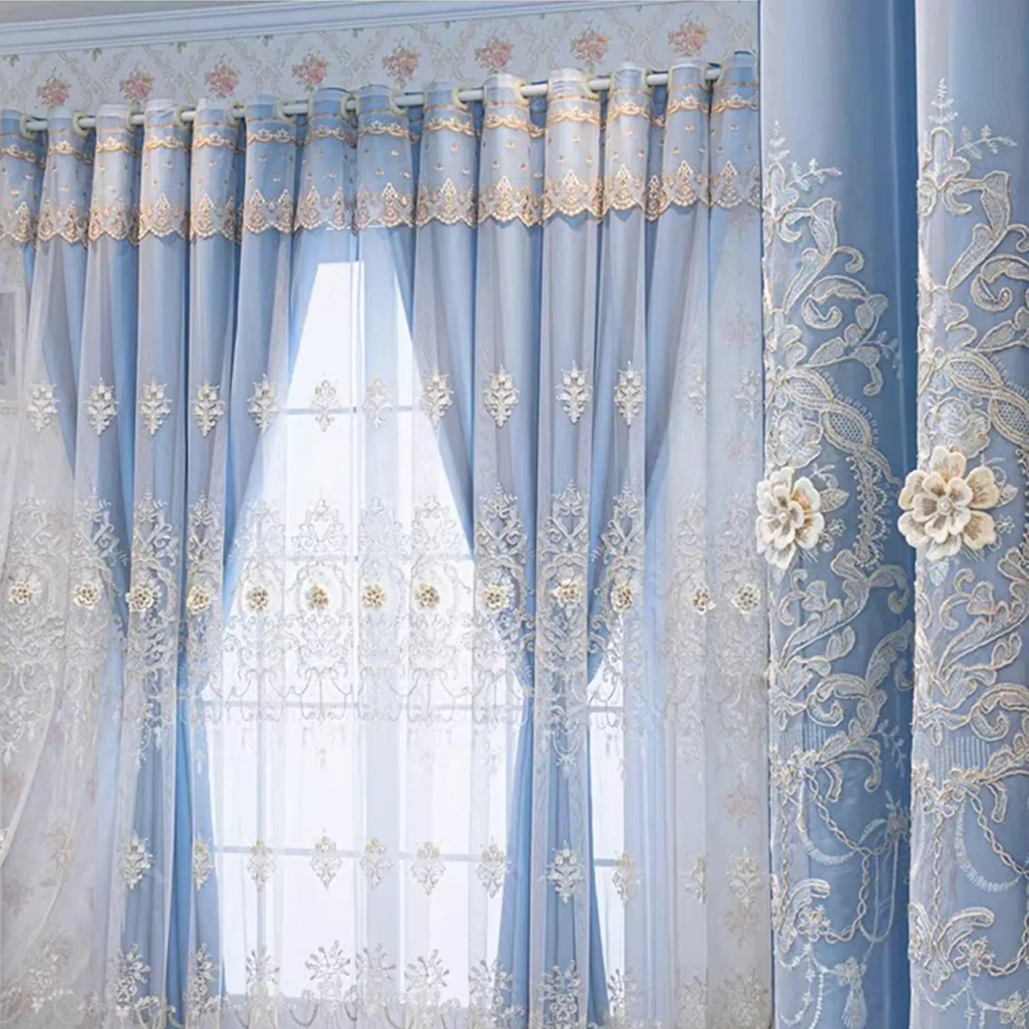 Elegant Embroidered Blackout Curtain, Easy Installation with Top Ring Hole, Sun Blocking & Heat Insulation for Bedroom Living Room, Window Curtain