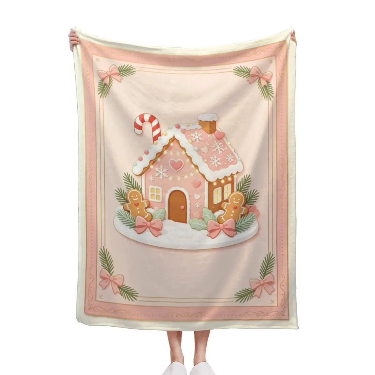 Gingerbread House Christmas Candy Throw Blanket, Cute Xmas Winter Pastel Holiday Decor Blanket