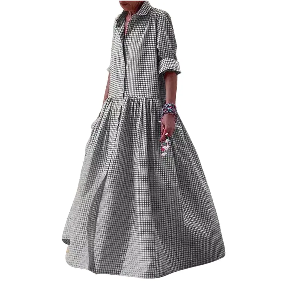 Chouyatou Women's Vintage Plaid Shirt Dress Loose Long-Sleeved Checkered A-Line Maxi Dress Chouyatou Women's Vintage Plaid Shirt Dress Loose Long-Sleeved Checkered A-Line Maxi Dress