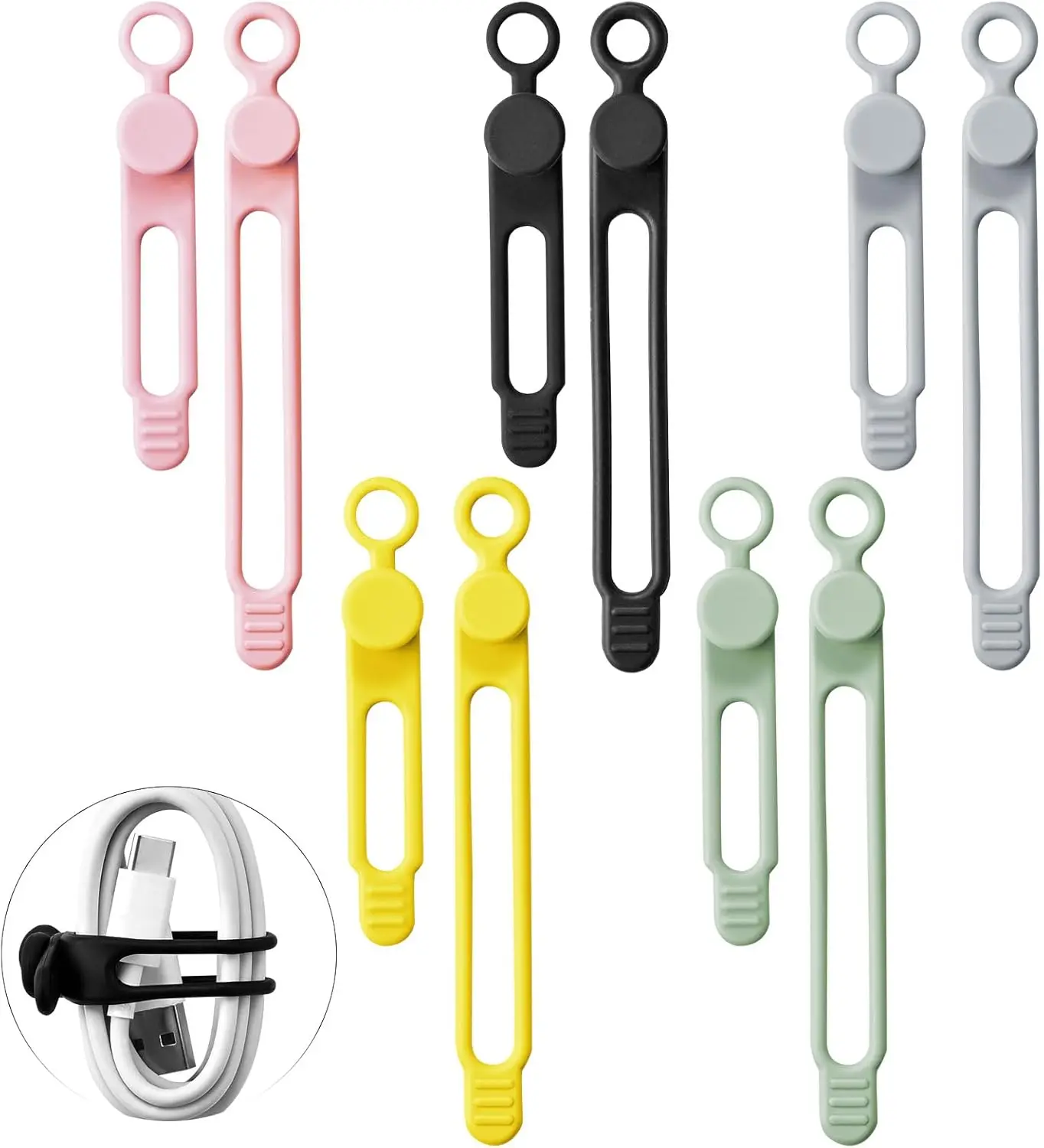 10Pcs Reusable Silicone Cable Ties – Adjustable Cord Organizer with Locking Buckle, Elastic Cable Straps for Earphones, Chargers, PC Wires – Colorful Wire Wraps for Home, Office, Travel