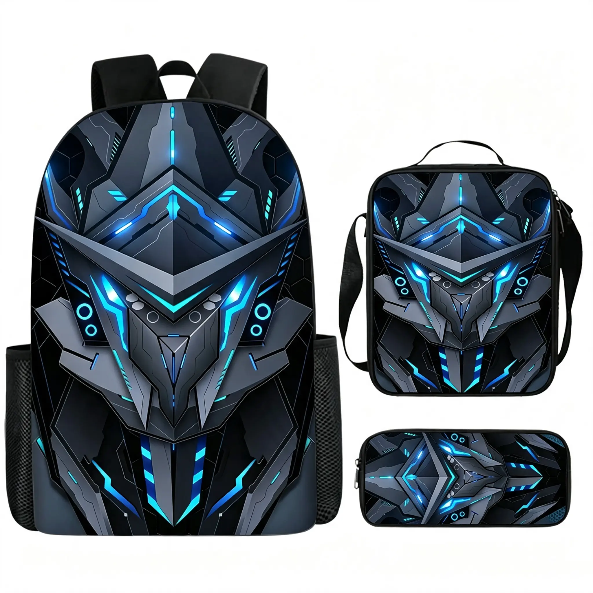Three-piece backpack set, featuring futuristic mechanical robot pattern design. It includes a durable large-capacity schoolbag, lunch bag and multi-functional pen bag, suitable for school, travel and daily use.