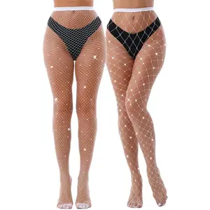 2 Pack Sparkly Large And Medium Mesh Fishnet Tights For Women Glitter Rhinestone Fishnets Stockings