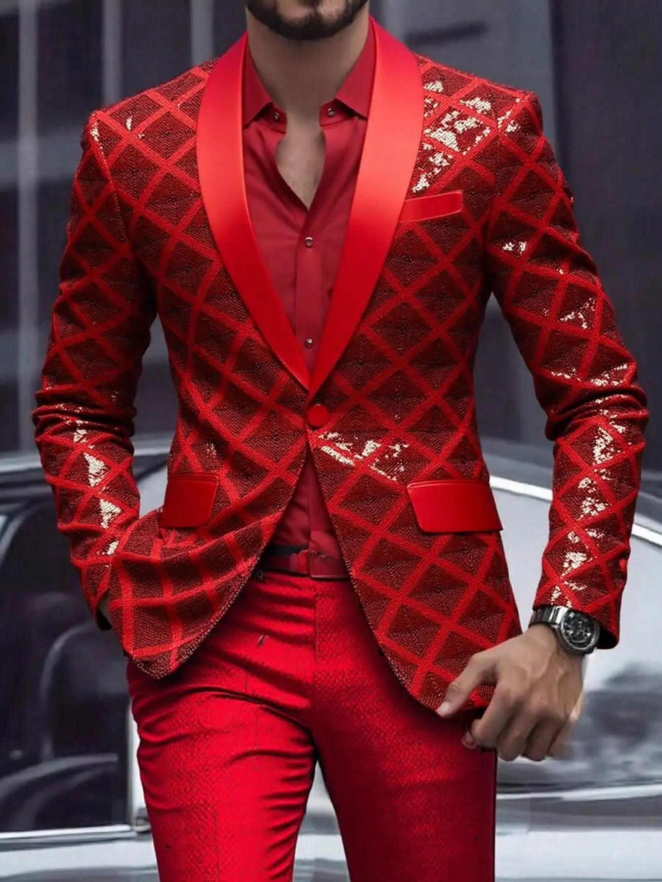 Red-DLXG Men's Slim Fit V-Neck Plaid Formal Suit Jacket, Longsleeves Formal Wear, Versatile Workwear for Weddings & Parties, Gift Idea, Menswear