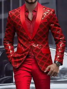 Red-DLXG Men's Elegant Formal Suit Jacket Plaid Design Long Sleeve Red Coat for Weddings Parties & Dinners Gift Idea Versatile Workwear Vneck Slim Fit Aesthetic Menswear