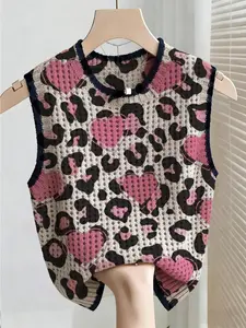 Boho Style Summer Knit Top, Loose Fit Round Neck Sleeveless Leopard Print, Women's Outdoor Vest, Casual Comfy Vests, Bikini Cover-Up, Chic, Womenswear