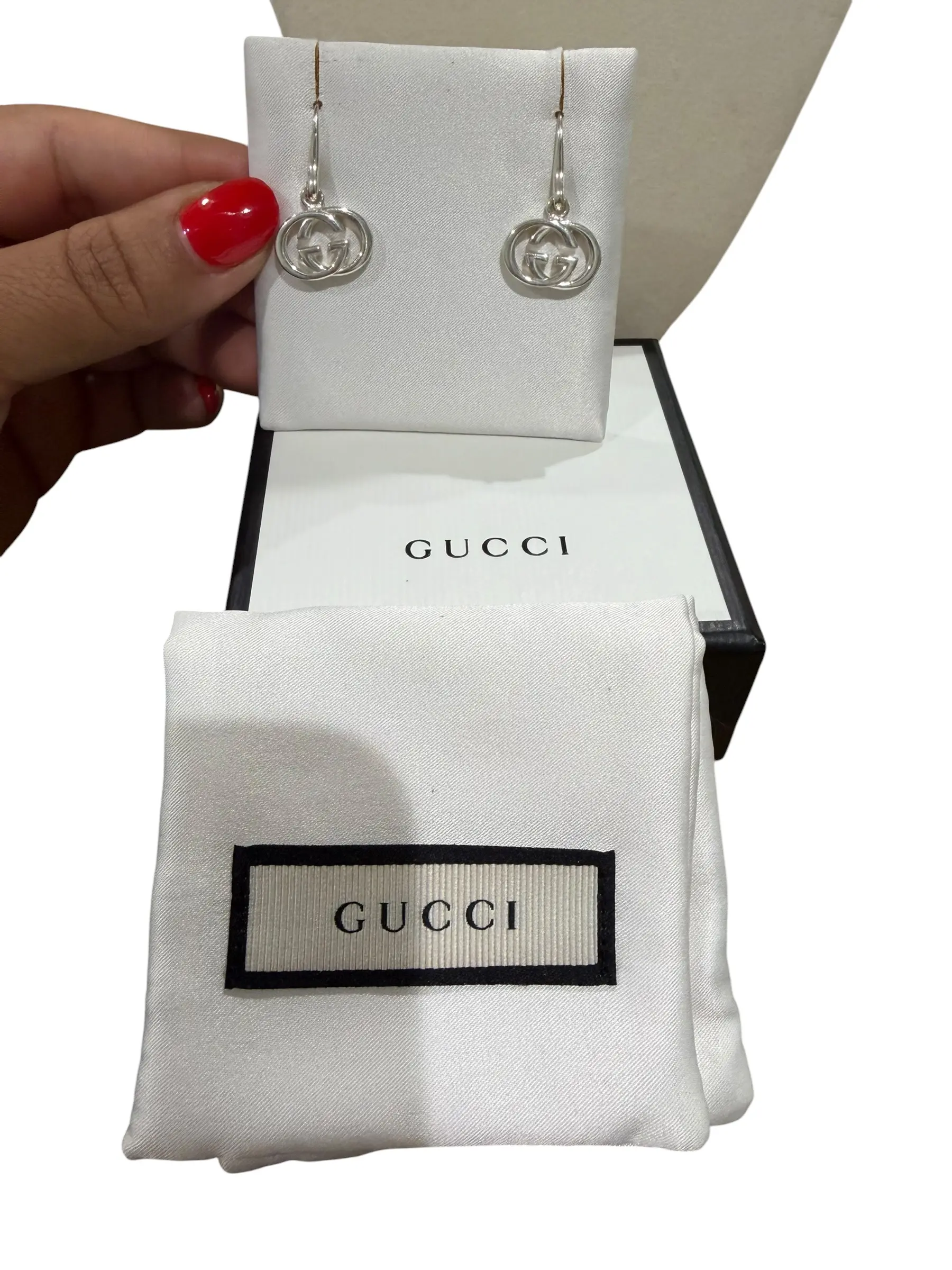 Pre-owned Gucci Interlocking GG Hanging Silver Earrings Full Set White Box Perfect for Daily Use