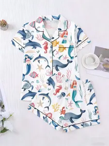 Women's Mermaid & Ocean Life Printed Pajama Set, Short Sleeve Button-Down Shirt, Pocketed Shorts, Soft Casual Wear for Spring Summer