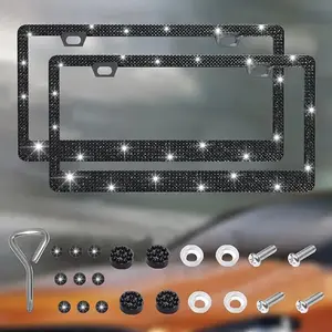 Rhinestone Automotive License Plate Frame with Screws & Bolts Cap, Vehicle License Plate Holder, Universal Car Exterior Accessories for Women & Girls, Tools, Fancy License Plate, Personalized Car Plate