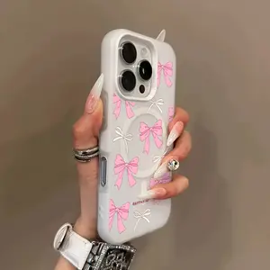 Pink bow, simple macaron color skin feeling jelly 2-in-1 magnetic wireless charging mobile phone case, Halloween, New Year's gifts, Christmas gifts, Easter gifts, Halloween gifts, family, friends Suitable for iPhone17/16/15/14/13/12/11 and other series