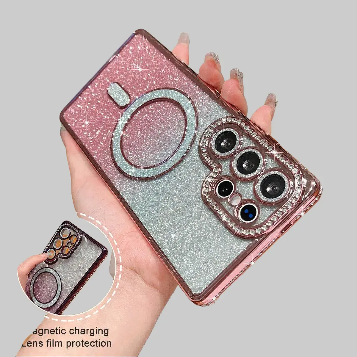 Shockproof Glitter Magnetic Bling TPU Cellphone Case, Luxury Wireless Phone Accessory with Cover for Galaxy S25 Ultra Plus, S24, S23 - Mother's Day Gift Summervibes Protection Accessories