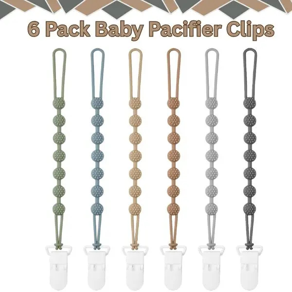 Unisex 6-Pack Square Silicone Pacifier Clips for 0 Months+ Boys, Soft Flexible Binky Holder with Hanging Loop, Secure Grip, BPA-Free Latex-Free Baby Teething Safety Essential