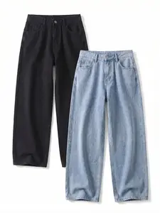 2-pack men’s loose wide straight jeans, retro washed high-waisted pants, drapey for a taller look, conceals bulges and slimming effect, soft, breathable, wrinkle-resistant, wear-resistant, versatile casual pants for everyday commuting and street style.