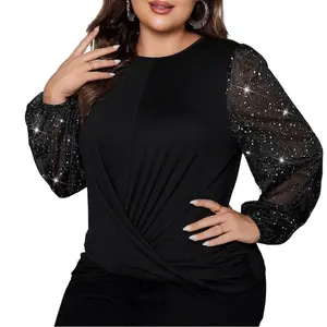 Coolmee Women's Plus Size Mesh Long Sleeve Tops Fall Winter Fashion Tunics Casual Front Twist Crew Neck T-Shirt Black 2XL
