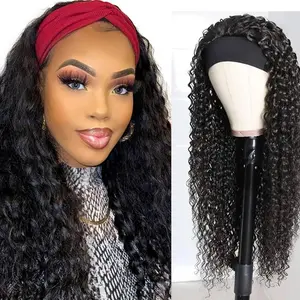 MYLOCKME Deep Wave Human Hair Headband Wig 18 20 22 Inch Glueless Headband Wig Machine Made Human Hair Wigs Brazilian Remy Curly Hair Headband Wigs For Black Women
