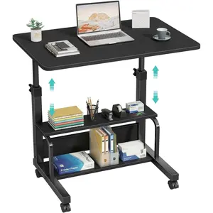 Small Portable Rolling Kids Desk - 32" Mobile Laptop Desk with Wheels for Small Spaces, Height Adjustable C Shaped Side Table with 2-Tier Storage Shelves, Black