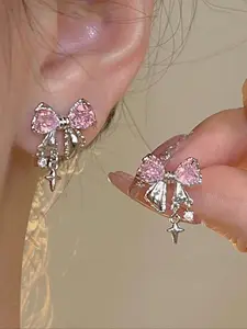 Rhinestone Bow Decor Dangle Earrings, Statement Earrings for Women, Gifts for Girlfriend, Fashionable Ear Piercing Jewelry for Girls, Casual Jewelry for Party, Daily Decor, Trendy All-match & Exquisite Jewelry for Birthday Gift