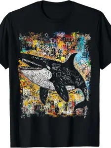 Pop Art Style Whale 90S Graffiti T-Shirt |   Same Style for Men And Women, 2026 Summer, Short-Sleeved, Printed, Pure, Crew Neck, All-Season, Vintage, Regular Fit