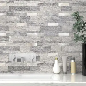 Backsplash Tile Peel and Stick Kitchen Stone Subway Linear Mosaic Bathroom Shower Wall (10pcs,Gray)
